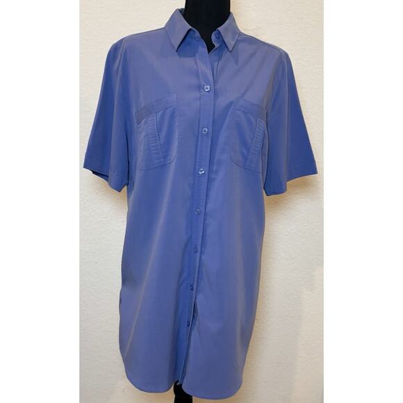 Chico’s Blue Short Sleeve Silky Soft Long Tunic Button Up Blouse Size 2 (Large) - Picture 1 of 4